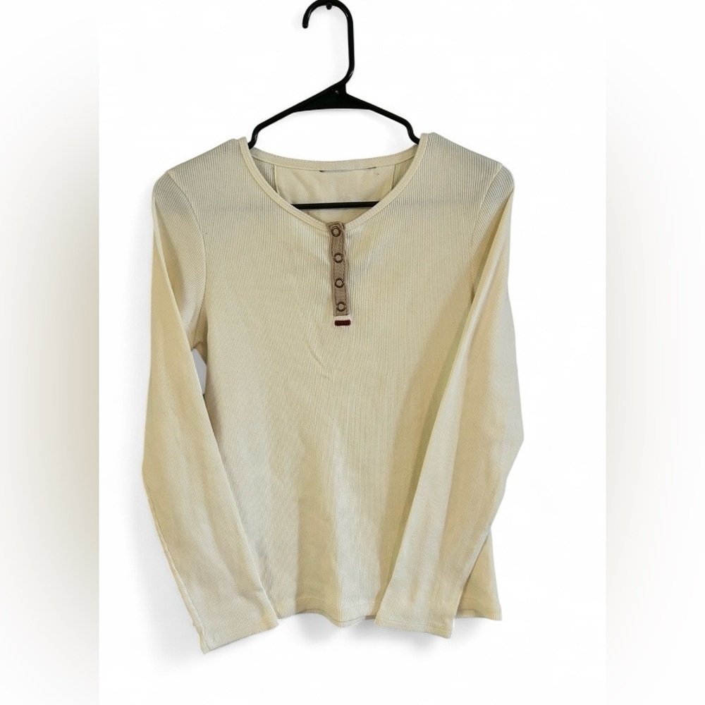 Ruff Hewn Cream Ribbed Henley Long Sleeve Top